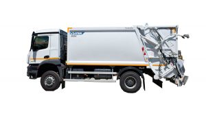 Vozilo za odvoz odpadkov po principu potisne plošče z upravljalnimi ročicami za avtomat